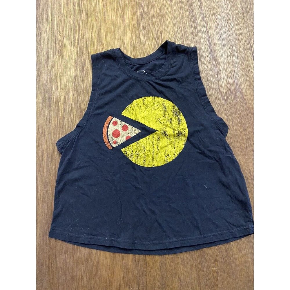 Project Karma Pacman Eating Pizza Black Graphic Tank Top Women's Large